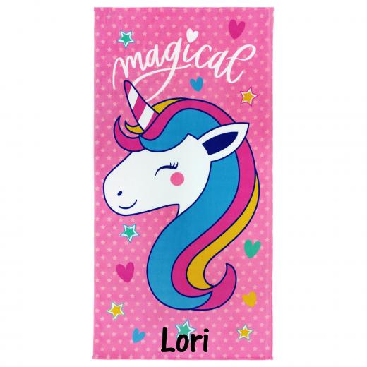 Kaufman - Personalized Printed Beach Towel 100% Absorbent Cotton, 30'' x 60'', Custom Embroidered Name (Magical Unicorn)
