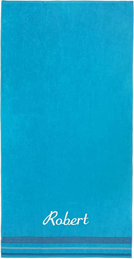 Kaufman - Personalized Oversized, 35" X 70", Solid Color, Velour Super Soft, Beach and Pool Towel, Easy Care, Extra Large, 100% USA Cotton, Embroidered Name (Turquoise)