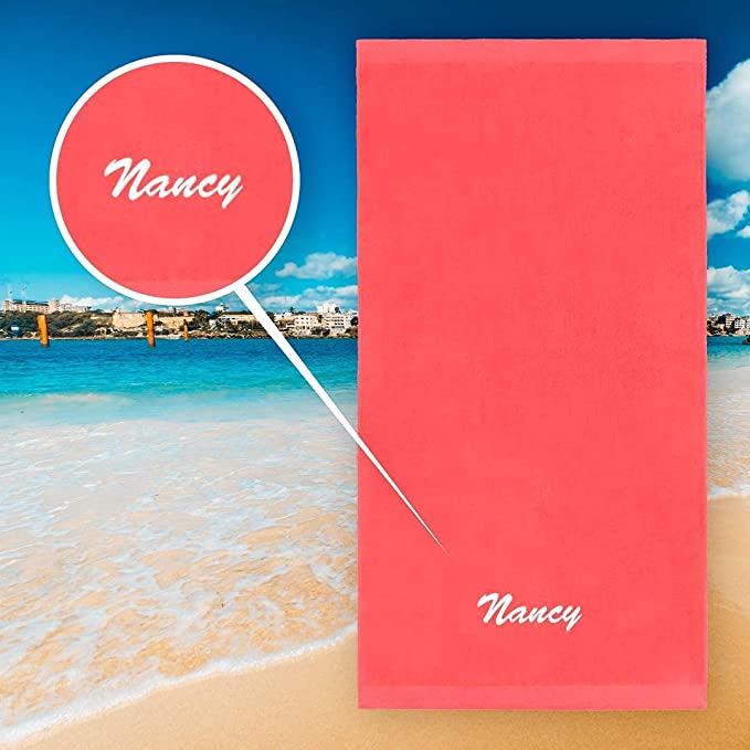 Kaufman - Personalized Velour Beach and Pool Towel 100% Cotton 30in X 60in Embroidered (Coral)