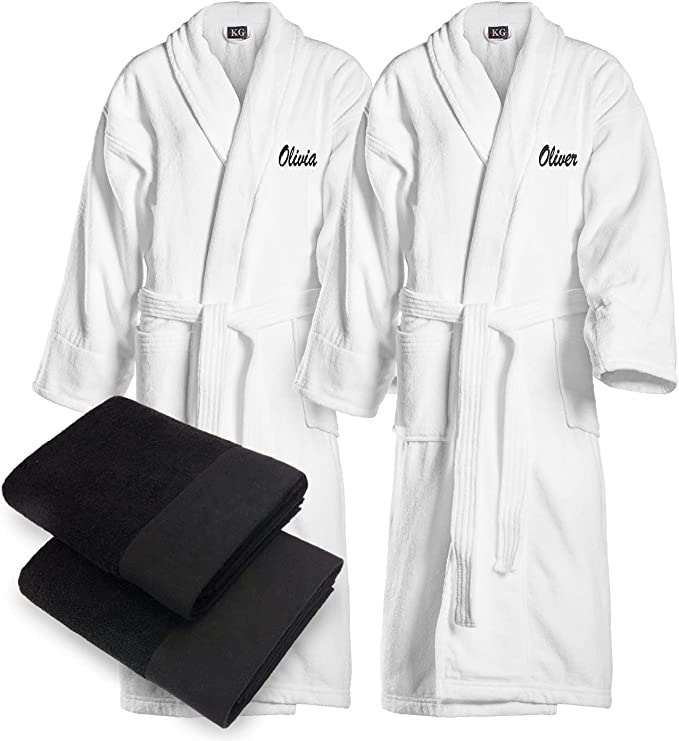 Kaufman - 4 PCS Bathrobes Set Luxurious Embroidered Elegant SPA Robes Velour 100% Cotton Shawl Robes With Towels 30''x58''