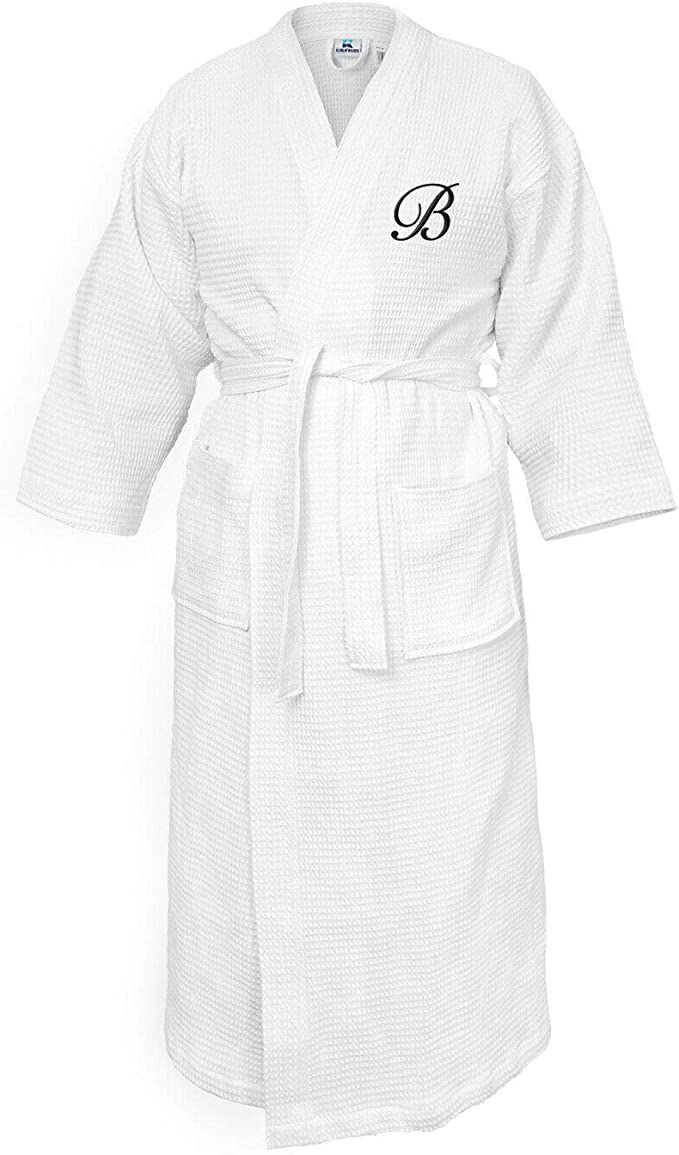 Kaufman - 2 Pack Luxury Bathrobe Personalized Waffle Kimono Bathrobes Unisex Embroidered 100% Cotton, Men Women Soft White Robe (Initial)