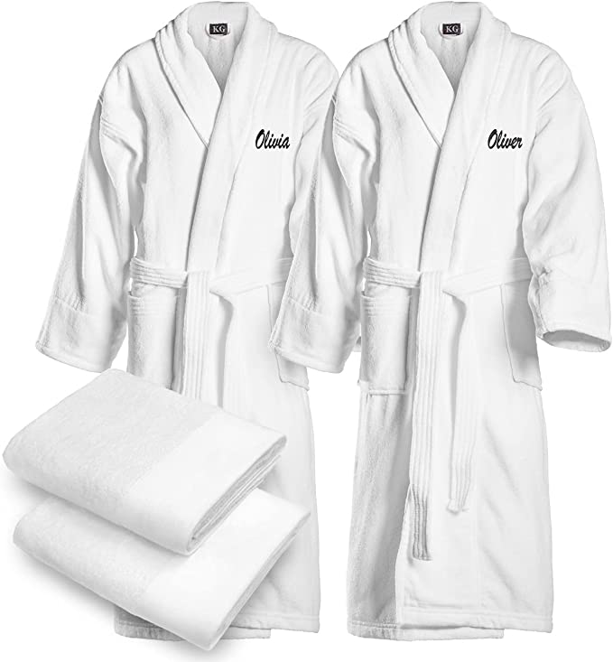 Kaufman - 4 PCS Bathrobes Set Luxurious Embroidered Elegant SPA Robes Velour 100% Cotton Shawl Robes With Towels 30''x58''