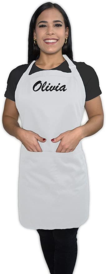 Kaufman - Embroidered Custom Apron, Personalized with Name or Monogram, Adjustable Bib, Kitchen Apron with Two Front Pockets. Great Gift Idea (White)