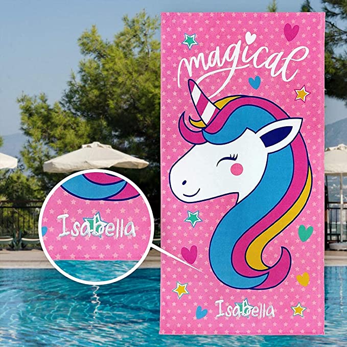 Kaufman - Personalized Printed Beach Towel 100% Absorbent Cotton, 30'' x 60'', Custom Embroidered Name (Magical Unicorn)