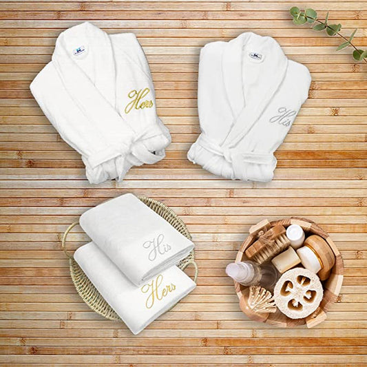 Kaufman - His & Hers Embroidered Velour Bathrobes with 2 White Towels Set