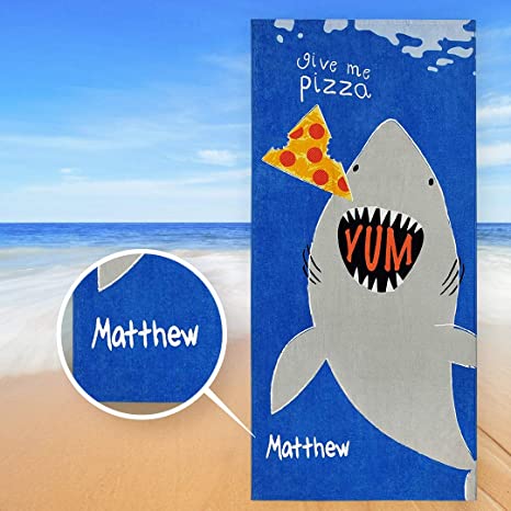 Kaufman - Personalized Printed Beach Towel 100% Absorbent Cotton, 30'' x 60'', Custom Embroidered Name (Shark Bite)