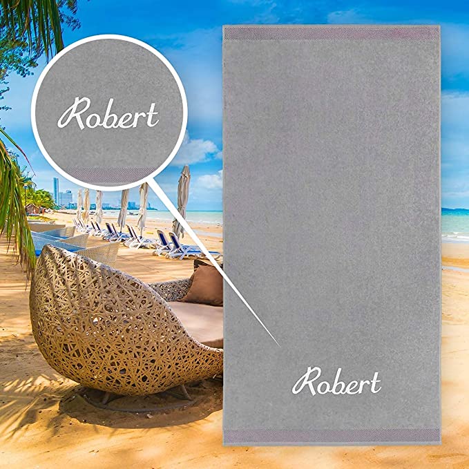 Kaufman - Personalized Velour Beach and Pool Towel 100% Cotton 30in X 60in Embroidered (Grey)